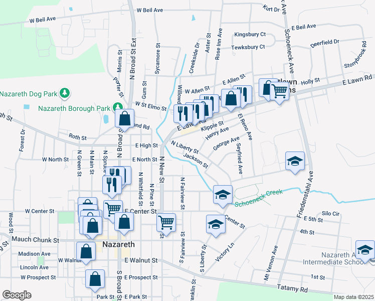 map of restaurants, bars, coffee shops, grocery stores, and more near 247 North Liberty Street in Nazareth