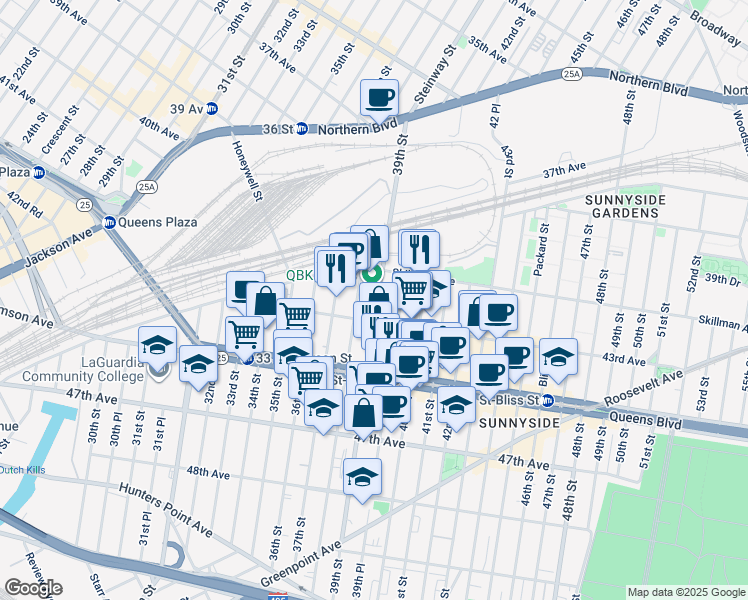 map of restaurants, bars, coffee shops, grocery stores, and more near 38-09 43rd Avenue in Queens