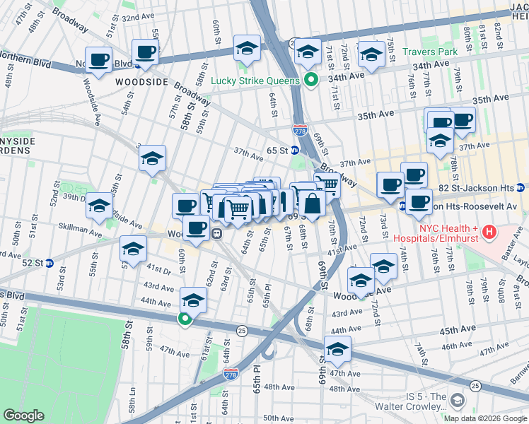 map of restaurants, bars, coffee shops, grocery stores, and more near in Queens