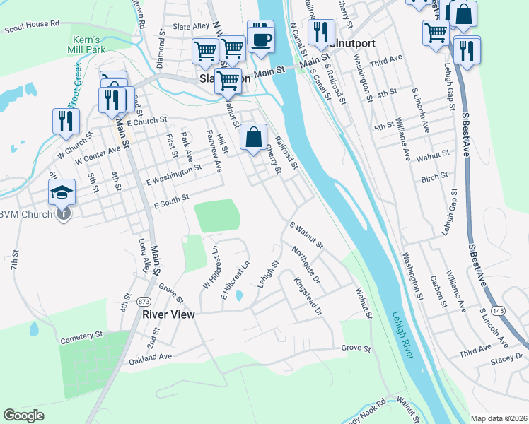 map of restaurants, bars, coffee shops, grocery stores, and more near 370 South Walnut Street in Slatington