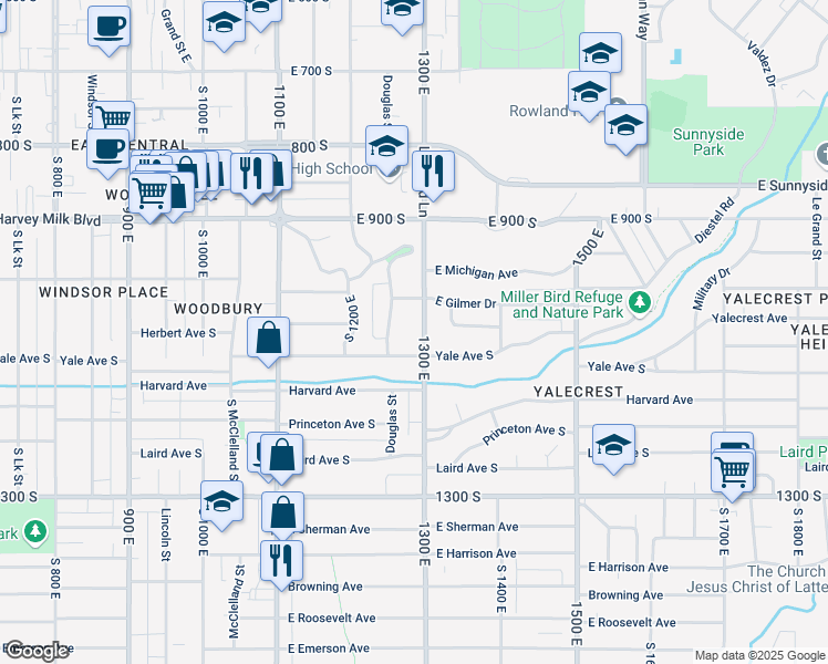map of restaurants, bars, coffee shops, grocery stores, and more near 1040 South 1300 East in Salt Lake City