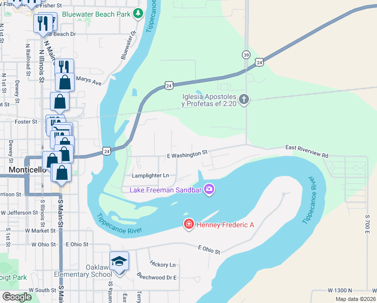 map of restaurants, bars, coffee shops, grocery stores, and more near 723-779 East Washington Street in Monticello