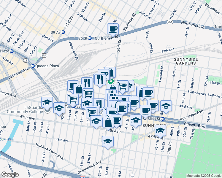 map of restaurants, bars, coffee shops, grocery stores, and more near 38-09 43rd Avenue in Queens