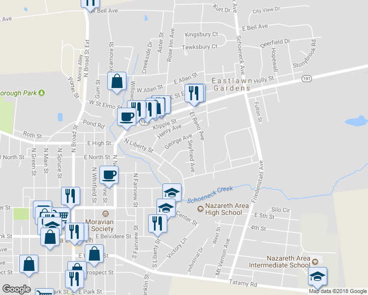 map of restaurants, bars, coffee shops, grocery stores, and more near 51 Charles Avenue in Nazareth