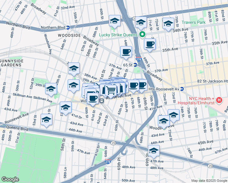 map of restaurants, bars, coffee shops, grocery stores, and more near 6319 Roosevelt Avenue in Queens