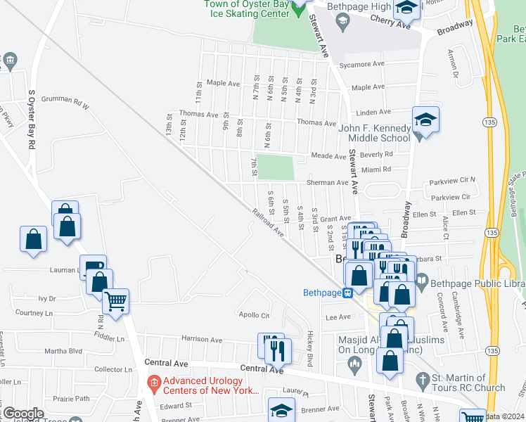 map of restaurants, bars, coffee shops, grocery stores, and more near 122 South 7th Street in Bethpage