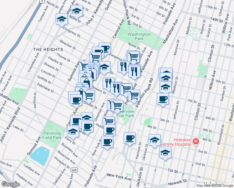 map of restaurants, bars, coffee shops, grocery stores, and more near 52 Bowers Street in Jersey City