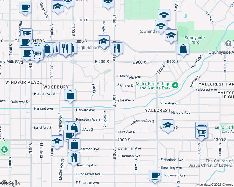 map of restaurants, bars, coffee shops, grocery stores, and more near 1039 South 1300 East in Salt Lake City