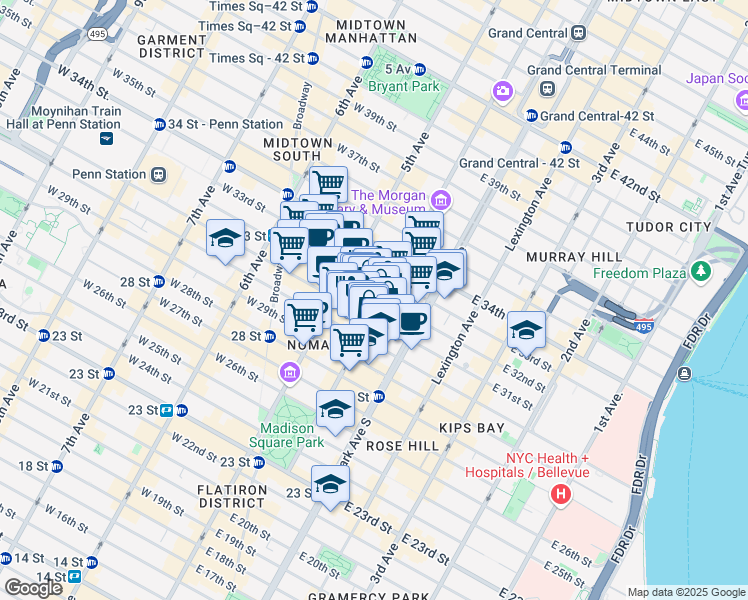 map of restaurants, bars, coffee shops, grocery stores, and more near 147 Madison Avenue in New York