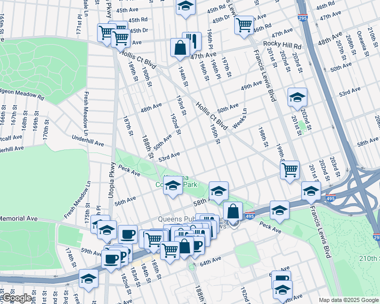 map of restaurants, bars, coffee shops, grocery stores, and more near 53-12 192nd Street in Queens