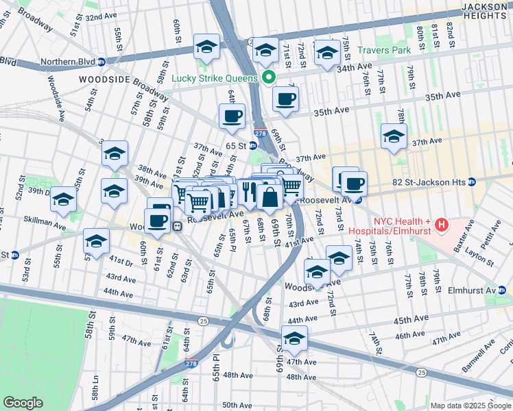 map of restaurants, bars, coffee shops, grocery stores, and more near 6527 Roosevelt Avenue in Queens