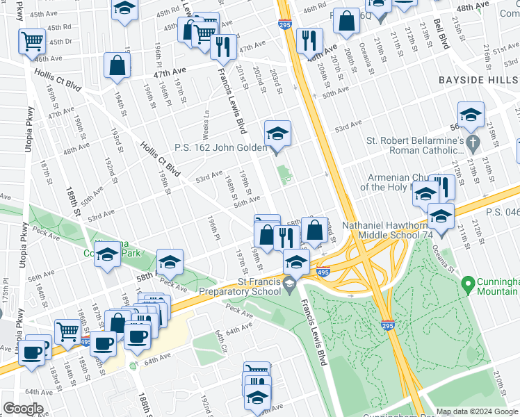map of restaurants, bars, coffee shops, grocery stores, and more near 56-15 199th Street in Queens