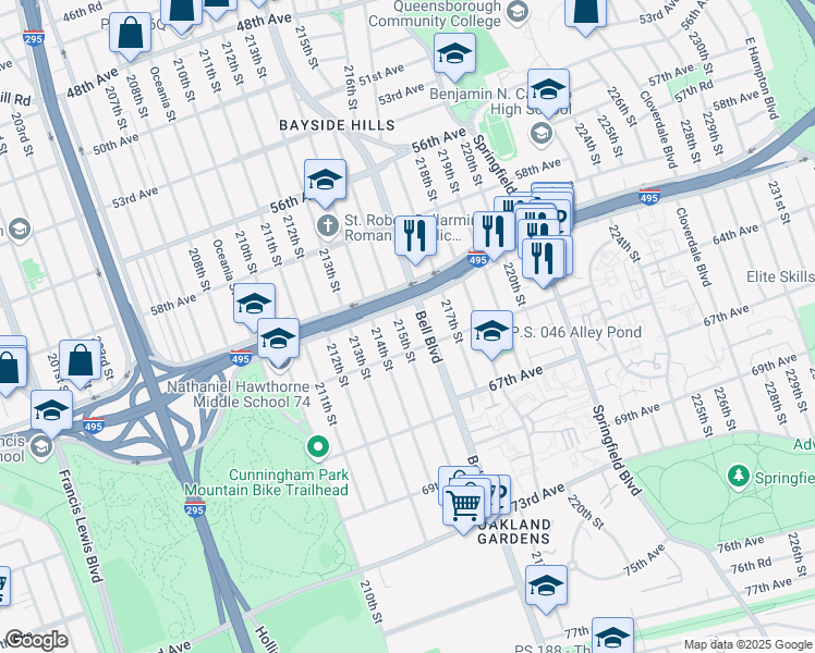 map of restaurants, bars, coffee shops, grocery stores, and more near 61-29 215th Street in Queens
