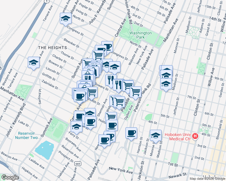 map of restaurants, bars, coffee shops, grocery stores, and more near 156 Sherman Avenue in Jersey City
