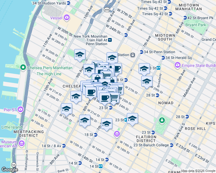 map of restaurants, bars, coffee shops, grocery stores, and more near 231 West 24th Street in New York