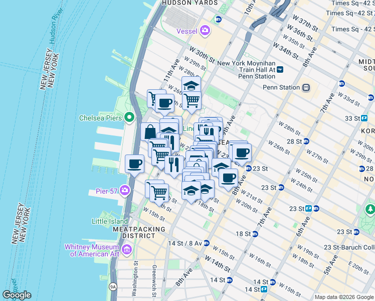 map of restaurants, bars, coffee shops, grocery stores, and more near 445 West 21st Street in New York