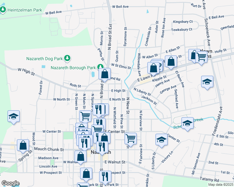 map of restaurants, bars, coffee shops, grocery stores, and more near 204 East High Street in Nazareth