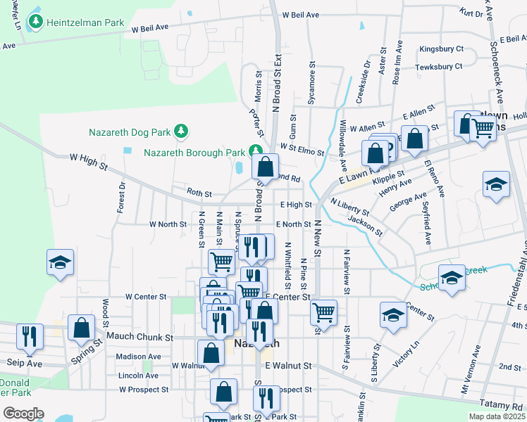 map of restaurants, bars, coffee shops, grocery stores, and more near 206 North Broad Street in Nazareth