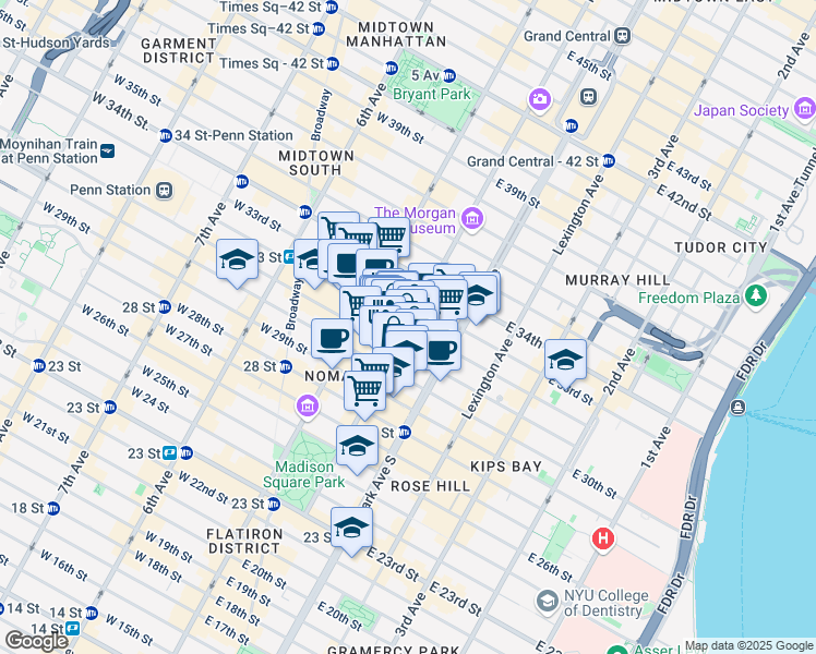 map of restaurants, bars, coffee shops, grocery stores, and more near Madison Avenue in New York