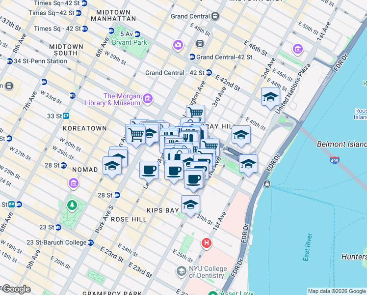 map of restaurants, bars, coffee shops, grocery stores, and more near 166 East 35th Street in New York