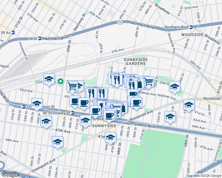 map of restaurants, bars, coffee shops, grocery stores, and more near 4120 46th Street in Queens