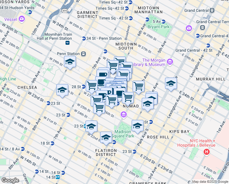 map of restaurants, bars, coffee shops, grocery stores, and more near 1223 Broadway in New York
