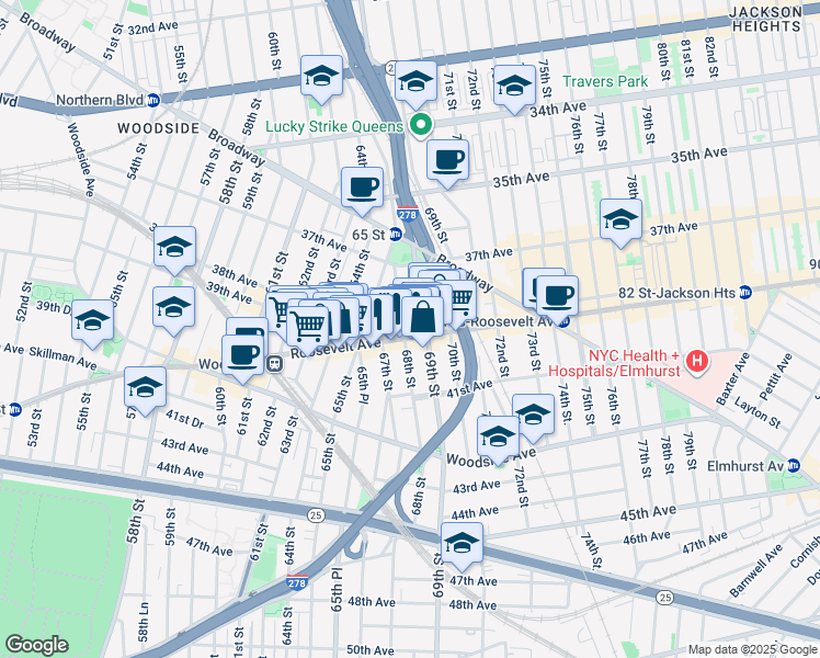 map of restaurants, bars, coffee shops, grocery stores, and more near 68-03 Roosevelt Avenue in Queens