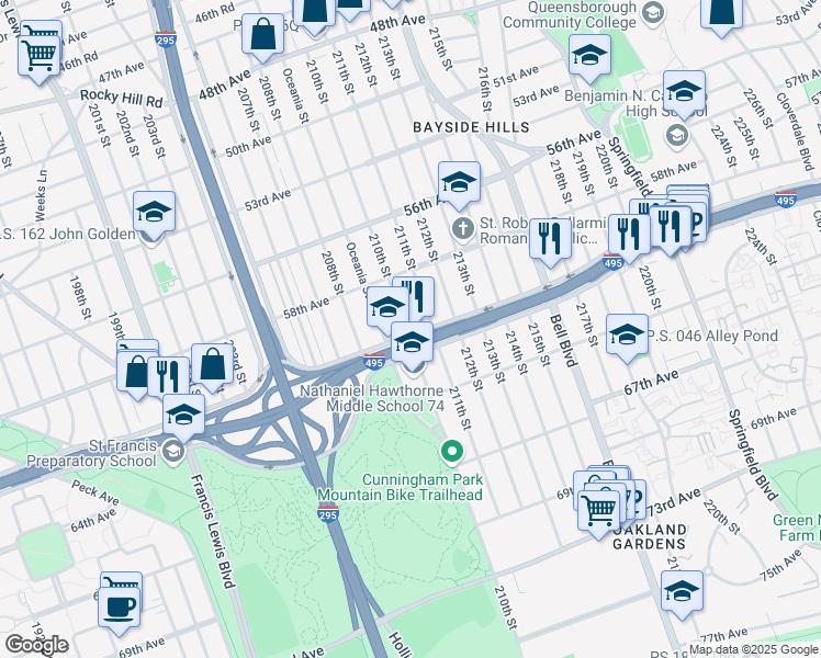 map of restaurants, bars, coffee shops, grocery stores, and more near 40 Horace Harding Expressway in Queens