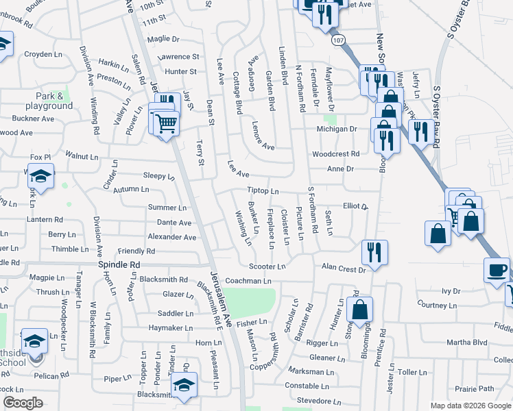 map of restaurants, bars, coffee shops, grocery stores, and more near 22 Bunker Lane in Hicksville