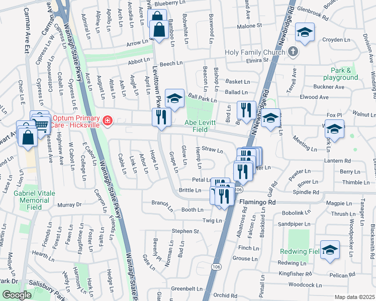 map of restaurants, bars, coffee shops, grocery stores, and more near 27 Glow Lane in Hicksville