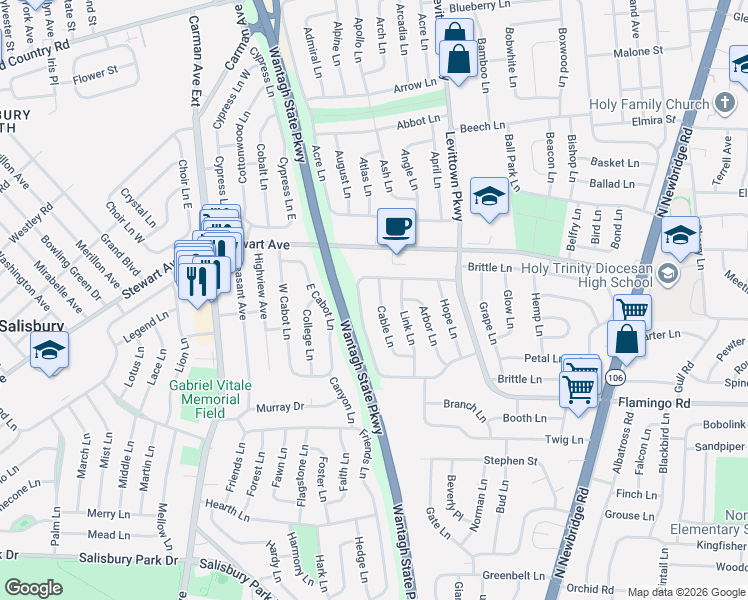 map of restaurants, bars, coffee shops, grocery stores, and more near 19 Cable Lane in Hicksville