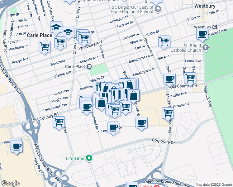 map of restaurants, bars, coffee shops, grocery stores, and more near 401 Old Country Road in Carle Place