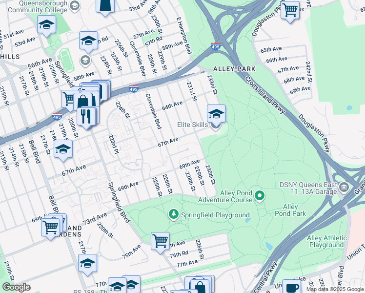 map of restaurants, bars, coffee shops, grocery stores, and more near 68-17 Cloverdale Lane in Queens
