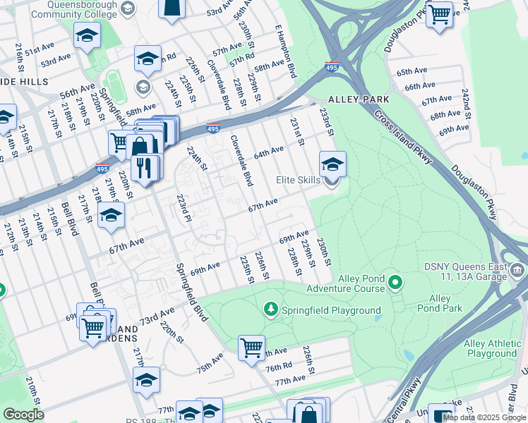 map of restaurants, bars, coffee shops, grocery stores, and more near 67-27 Cloverdale Boulevard in Queens