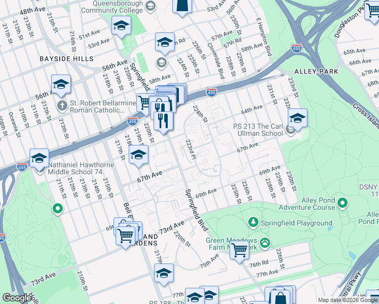 map of restaurants, bars, coffee shops, grocery stores, and more near 65-41 223rd Place in Queens