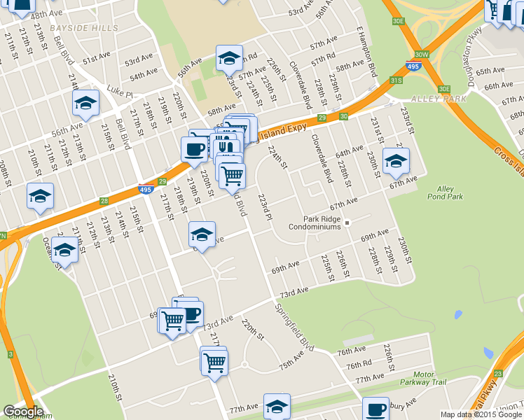 map of restaurants, bars, coffee shops, grocery stores, and more near 6524 223rd Place in Queens