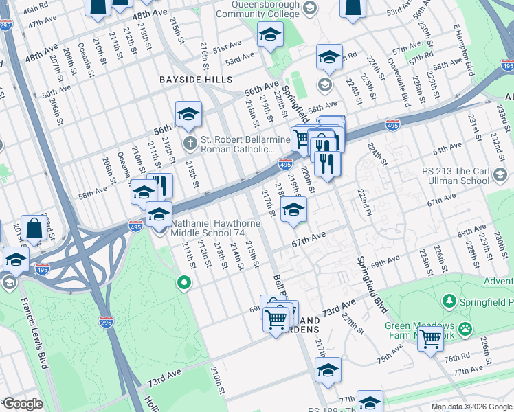 map of restaurants, bars, coffee shops, grocery stores, and more near 215-15 64th Avenue in Queens