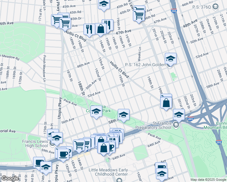 map of restaurants, bars, coffee shops, grocery stores, and more near 53-27 193rd Street in Queens