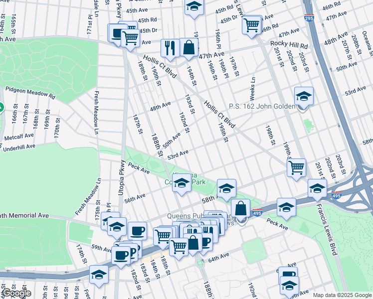 map of restaurants, bars, coffee shops, grocery stores, and more near 53-12 192nd Street in Queens