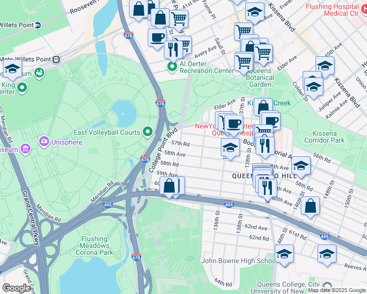 map of restaurants, bars, coffee shops, grocery stores, and more near 57-63 Lawrence Street in Queens
