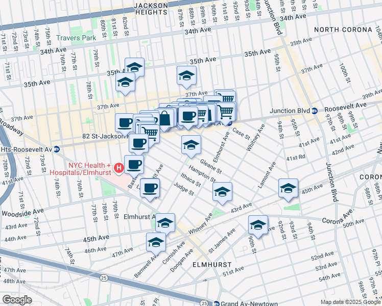 map of restaurants, bars, coffee shops, grocery stores, and more near 85-28 Britton Avenue in Queens