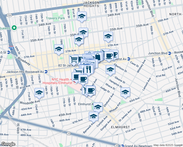 map of restaurants, bars, coffee shops, grocery stores, and more near 40-30 Ithaca Street in Queens