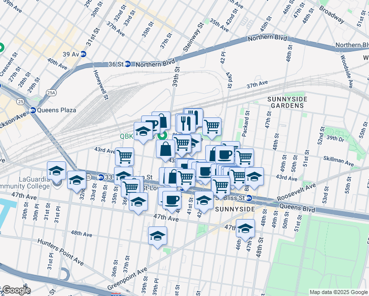 map of restaurants, bars, coffee shops, grocery stores, and more near in Queens