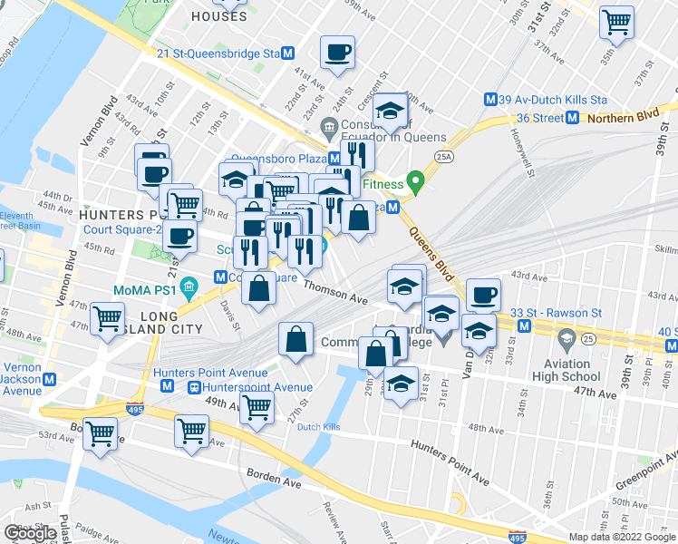 map of restaurants, bars, coffee shops, grocery stores, and more near 43-19 Dutch Kills Street in Queens