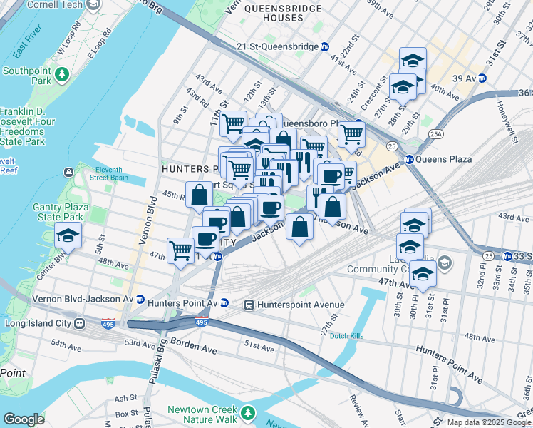 map of restaurants, bars, coffee shops, grocery stores, and more near 23-06 Jackson Avenue in Queens