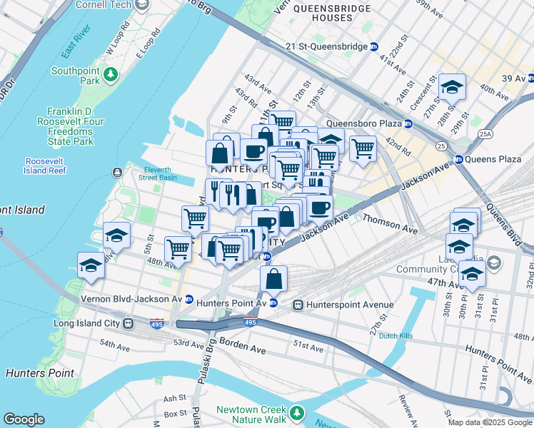 map of restaurants, bars, coffee shops, grocery stores, and more near 19 21st Street in Queens