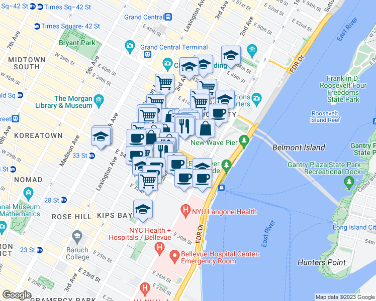 map of restaurants, bars, coffee shops, grocery stores, and more near Queens Midtown Tunnel in New York