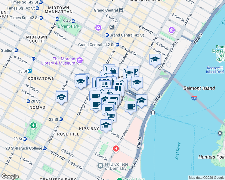 map of restaurants, bars, coffee shops, grocery stores, and more near 214 East 35th Street in New York