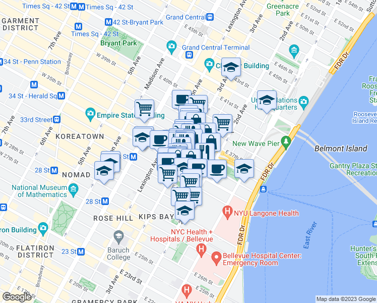 map of restaurants, bars, coffee shops, grocery stores, and more near 214 East 35th Street in New York