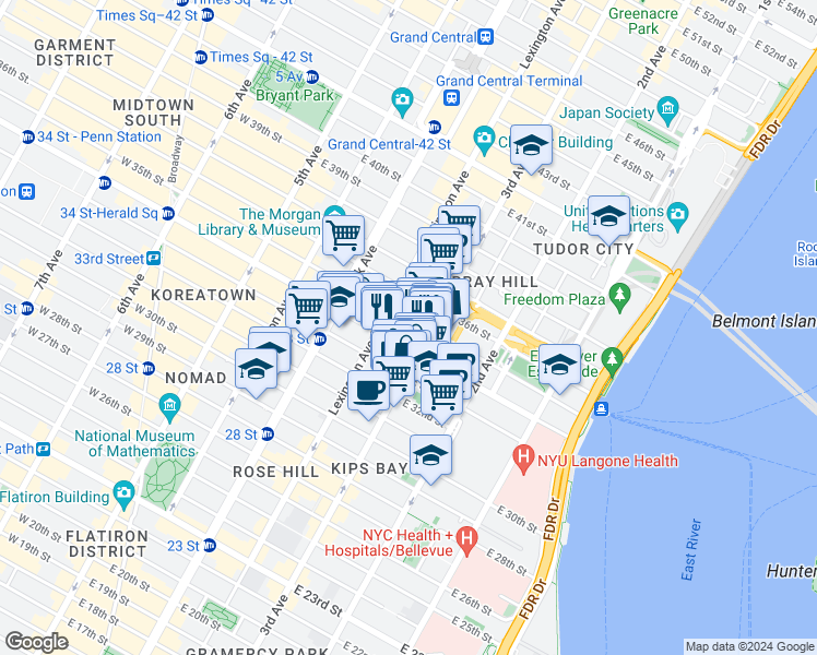 map of restaurants, bars, coffee shops, grocery stores, and more near 507 3rd Avenue in New York